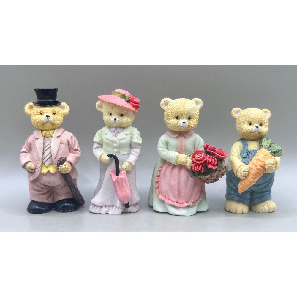 Vtg 1991 J.C. Miniature Teddy Bear Family Resin Figurines Set of 4 Pastel 2"
